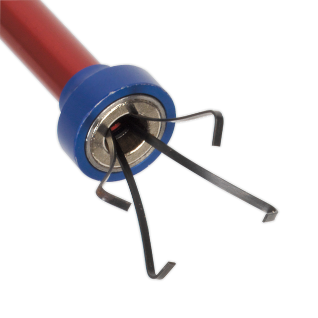 Close-up view of a Sealey Flexible Magnetic Pick-Up & Claw Tool 700mm - AK6536 featuring four flexible metal prongs extending from a blue and red handle, ideal for use in confined areas.