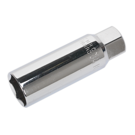 The Sealey Spark Plug Socket 16mm 3/8"Sq Drive Thin Wall - AK6557 is a chrome vanadium tool featuring a hexagonal drive end and a cylindrical body, ideal for removing and installing spark plugs, specifically designed to fit the common 16mm socket size found in Japanese vehicles.
