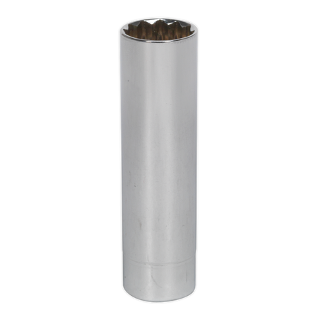 The Sealey Spark Plug Socket with Magnetic Retainer 14mm 3/8"Sq Drive 12-Point - AK6568 is a chrome tool featuring a cylindrical shape and a magnetic insert for secure grip, making it ideal for turning nuts and bolts.