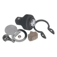A collection of mechanical parts, including a knurled knob, a spring, a metal plate, a clamp, and various small components arranged on a white background, all part of the Sealey AK660S.RK Repair Kit for AK660S 1/4"Sq Drive.