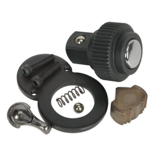 A close-up image of disassembled hardware components, including screws, a spring, and a knob from the Sealey Repair Kit for AK661, AK661L & AK8947 3/8" Sq Drive - AK661.V2.RK designed for professional use.