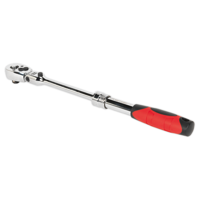The Sealey Flexi-Head Ratchet Wrench 3/8"Sq Drive Extendable - AK6681, equipped with a black and red ergonomic handle, features a 180° locking flexi-head made from Chrome Vanadium steel.