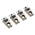 The Sealey Micro Welding Clamp Set 4pc - AK6804 includes four metal wing-nut clamps arranged in a row, specifically designed for securing objects. Each micro clamp features a screw mechanism and dual openings, providing versatile clamping applications that make them ideal for automotive or welding tasks.