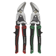 The Sealey High Leverage Offset Aviation Tin Snip Set 2pc - AK69072 includes two pairs of metal snips with black and red, and black and green handles. Both snips, labeled "Premier," feature a metallic finish, serrated jaws, drop-forged steel blades, and a locking mechanism. Enjoy peace of mind with our lifetime guarantee.