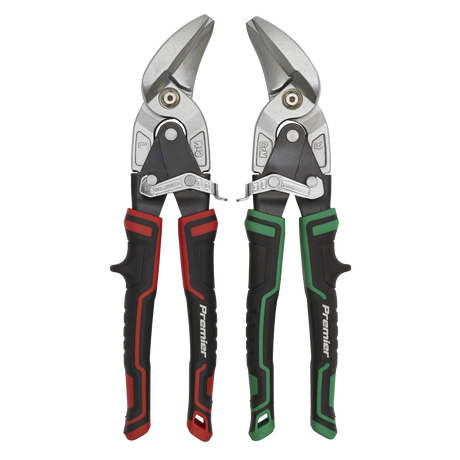 The Sealey High Leverage Offset Aviation Tin Snip Set 2pc - AK69072 includes two pairs of metal snips with black and red, and black and green handles. Both snips, labeled "Premier," feature a metallic finish, serrated jaws, drop-forged steel blades, and a locking mechanism. Enjoy peace of mind with our lifetime guarantee.