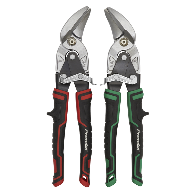 The Sealey High Leverage Offset Aviation Tin Snip Set 2pc - AK69072 includes two pairs of metal snips with black and red, and black and green handles. Both snips, labeled "Premier," feature a metallic finish, serrated jaws, drop-forged steel blades, and a locking mechanism. Enjoy peace of mind with our lifetime guarantee.