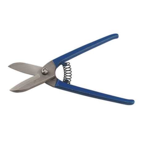 A pair of Sealey Tin Snips/Shears 250mm Spring Loaded - AK6910 featuring blue handles, one-piece drop-forged blades that are sharp and shiny for precise metal sheet cutting, and spring-loaded handles for effortless use.