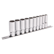 The Sealey Socket Set 10pc Deep 3/8"Sq Drive Total Drive® - AK69910D consists of ten durable Chrome Vanadium steel socket wrenches in various sizes, all neatly arranged in a metal holder.