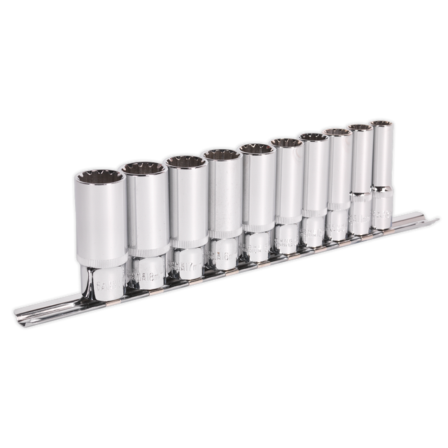 The Sealey Socket Set 10pc Deep 3/8"Sq Drive Total Drive® - AK69910D consists of ten durable Chrome Vanadium steel socket wrenches in various sizes, all neatly arranged in a metal holder.