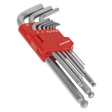 This set of Sealey Ball-End Hex Keys, crafted from durable Chrome Vanadium steel, comes in various long metric sizes and is neatly organized in a red plastic holder labeled "AK7139.