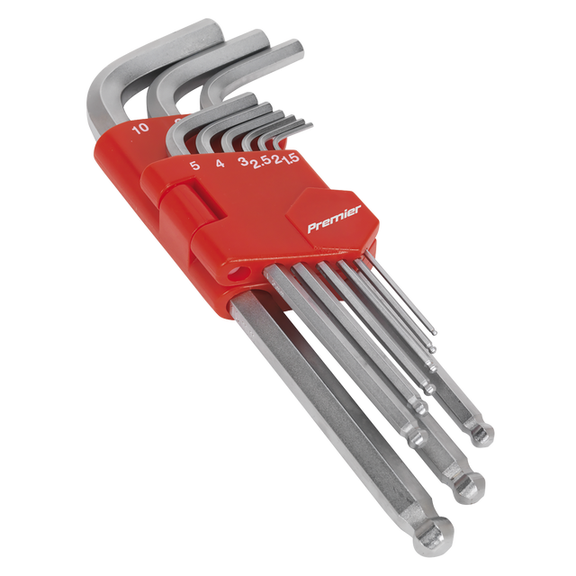 This set of Sealey Ball-End Hex Keys, crafted from durable Chrome Vanadium steel, comes in various long metric sizes and is neatly organized in a red plastic holder labeled "AK7139.