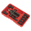 A Sealey Bridge Bearing Puller Set 10pc - AK7160 in a red plastic case, featuring a black universal bearing puller and an array of attachments like screw-type bridge extractors, all organized neatly within designated compartments.