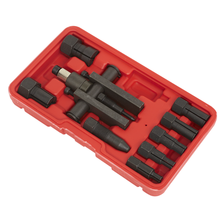A Sealey Bridge Bearing Puller Set 10pc - AK7160 in a red plastic case, featuring a black universal bearing puller and an array of attachments like screw-type bridge extractors, all organized neatly within designated compartments.
