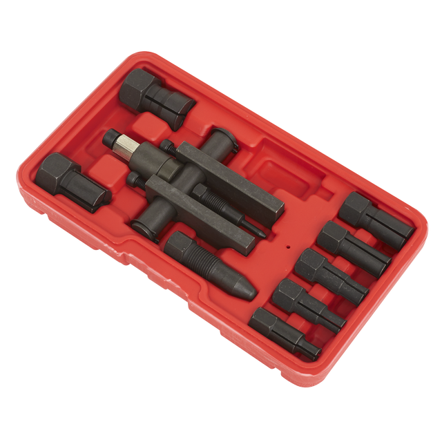 A Sealey Bridge Bearing Puller Set 10pc - AK7160 in a red plastic case, featuring a black universal bearing puller and an array of attachments like screw-type bridge extractors, all organized neatly within designated compartments.