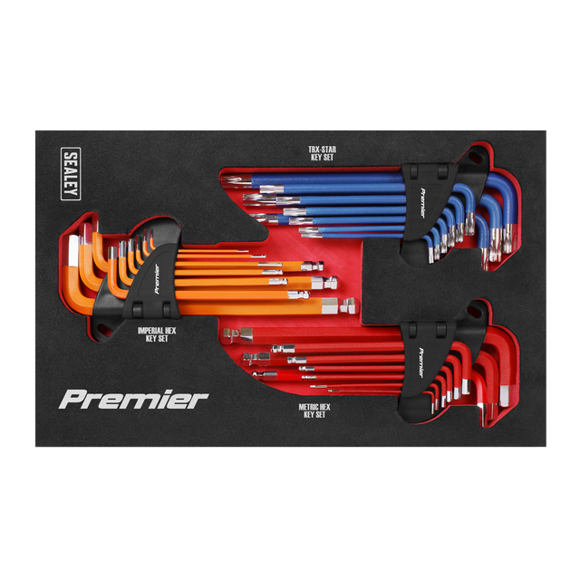 The Sealey Master Hex Key Set 27pc - AK7179 display features Premier Hand Tools with imperial hex key sets in orange, metric hex key sets in red, and TRX-Star key sets in blue. All are crafted from durable Chrome Vanadium steel, neatly organized and held in black mounts.