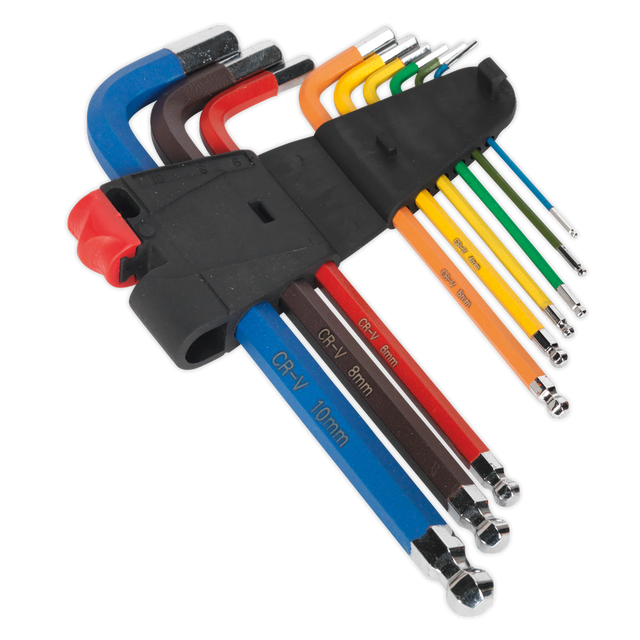 The Ball-End Hex Key Set 9pc Colour-Coded Long Metric - AK7190 by Sealey is crafted from durable Chrome Vanadium steel and features a colour-coded anti-slip design. Arranged by size from smallest to largest, they are neatly held together by a black plastic holder.