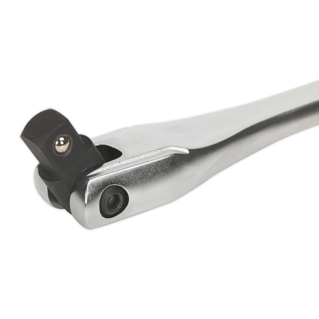 A close-up of the Sealey Breaker Bar 600mm 1/2"Sq Drive - AK7303 reveals its metallic ratchet handle with a black pivoting head, meticulously crafted from durable Chrome Vanadium steel.