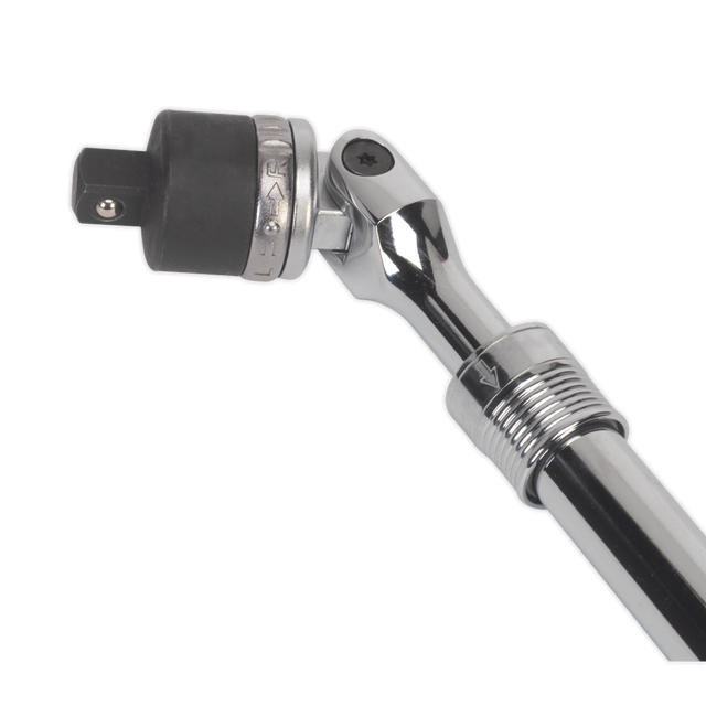 Sealey's Ratcheting Breaker Bar Extendable 1/2"Sq Drive (Model AK7316) features a chrome-plated, 36-tooth ratchet with a flexible head and knurled handle for enhanced grip, crafted from durable Chrome Vanadium steel, displayed against a plain background.