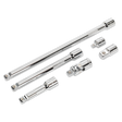 A set of six Sealey Wobble/Rigid Extension Bar, Adaptor & Universal Joint 3/8" Square Drive - AK7690 components, arranged on a white background.