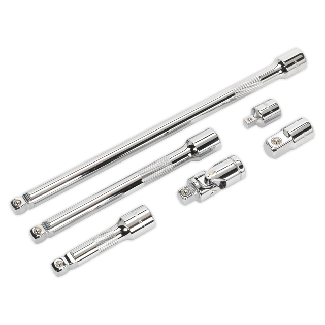 A set of six Sealey Wobble/Rigid Extension Bar, Adaptor & Universal Joint 3/8" Square Drive - AK7690 components, arranged on a white background.