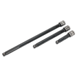 Three black extension bars of varying sizes from the Sealey Wobble/Rigid Extension Bar Set 3pc 3/8"Sq Drive Black Series are aligned horizontally.