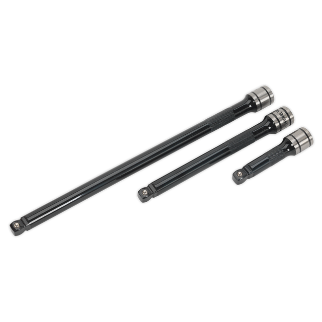 Three black extension bars of varying sizes from the Sealey Wobble/Rigid Extension Bar Set 3pc 3/8"Sq Drive Black Series are aligned horizontally.