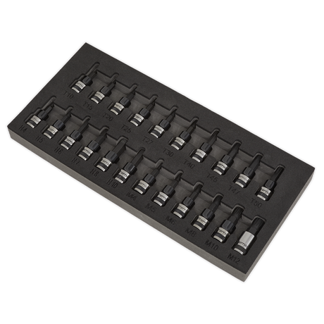 The TRX-Star*/Hex/Spline Socket Bit Set 22pc 3/8"Sq Drive Black Series - AK7985 from Sealey contains 18 labeled hex key socket bits made of durable Chrome Vanadium steel, organized in three rows. Each bit has a specific size marking for easy identification.