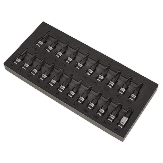 The TRX-Star*/Hex/Spline Socket Bit Set 22pc 3/8"Sq Drive Black Series - AK7985 from Sealey contains 18 labeled hex key socket bits made of durable Chrome Vanadium steel, organized in three rows. Each bit has a specific size marking for easy identification.