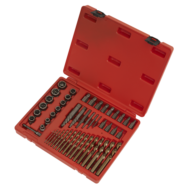 A Master Extractor Set 49pc by Sealey is open, displaying an array of drill bits, screwdrivers, and spiral flute extractors in neatly organized slots.