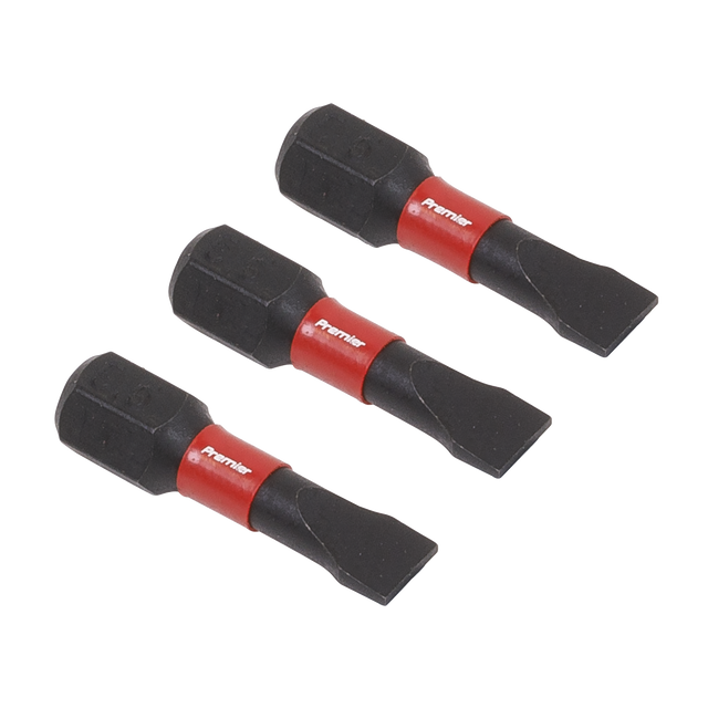 Three identical Slotted 5.5mm Impact Power Tool Bits by Sealey, arranged side by side on a white background, showcase the durability and precision of Premier Hand Tools.