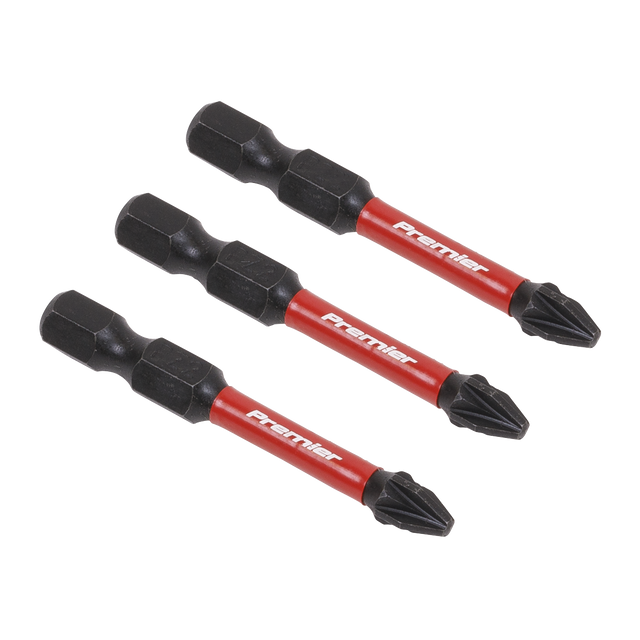 Three Sealey Pozi #2 Impact Power Tool Bits, each 50mm in length and meticulously crafted from high-quality S2 steel, are aligned diagonally against a white background.