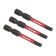 Three black and red "Sealey" branded Hex 4mm Impact Power Tool Bits 50mm - 3pc - AK8237 aligned horizontally.