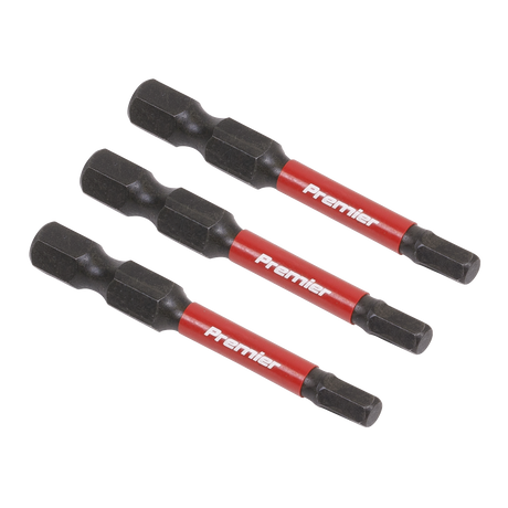 Three black and red "Sealey" branded Hex 4mm Impact Power Tool Bits 50mm - 3pc - AK8237 aligned horizontally.