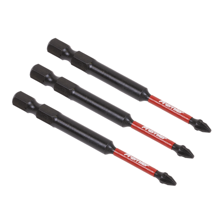 Three Pozi #1 Impact Power Tool Bits from Sealey, each 75mm long and featuring a red and black design, are aligned in parallel.