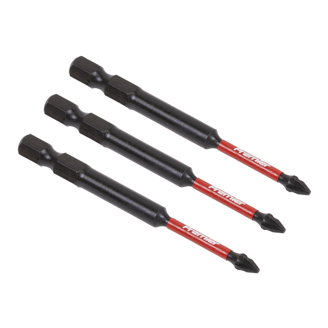 Three Pozi #1 Impact Power Tool Bits from Sealey, each 75mm long and featuring a red and black design, are aligned in parallel.