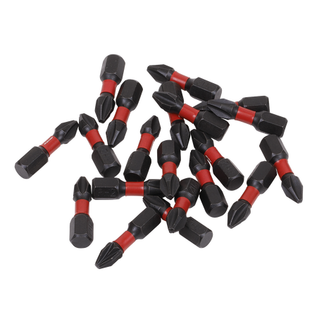 A scattered pile of the Sealey #2 Impact Phillips Power Tool Bits (25mm, 20pc - AK8272) made from high-quality S2 steel on a white background.