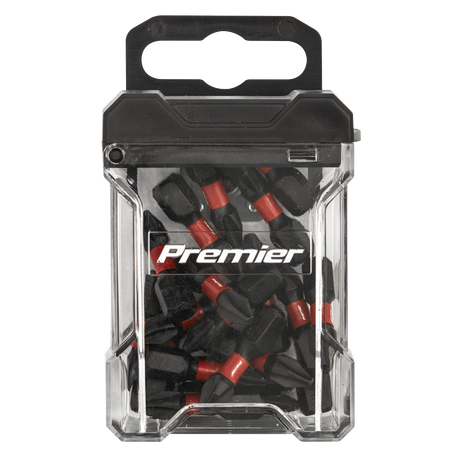 Plastic container of Premier earplugs, featuring a black lid and transparent body, displaying black and red earplugs inside. These earplugs are crafted with precision similar to Sealey’s high-quality #2 Impact Phillips Power Tool Bits 25mm 20pc - AK8272, ensuring optimal performance.
