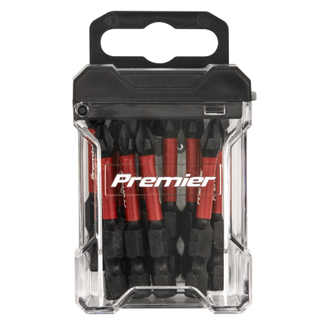 A box of Sealey Phillips #2 Impact Power Tool Bits 50mm - 10pc (Model AK8274), expertly crafted from durable S2 steel and featuring a convenient black handle for easy carrying.