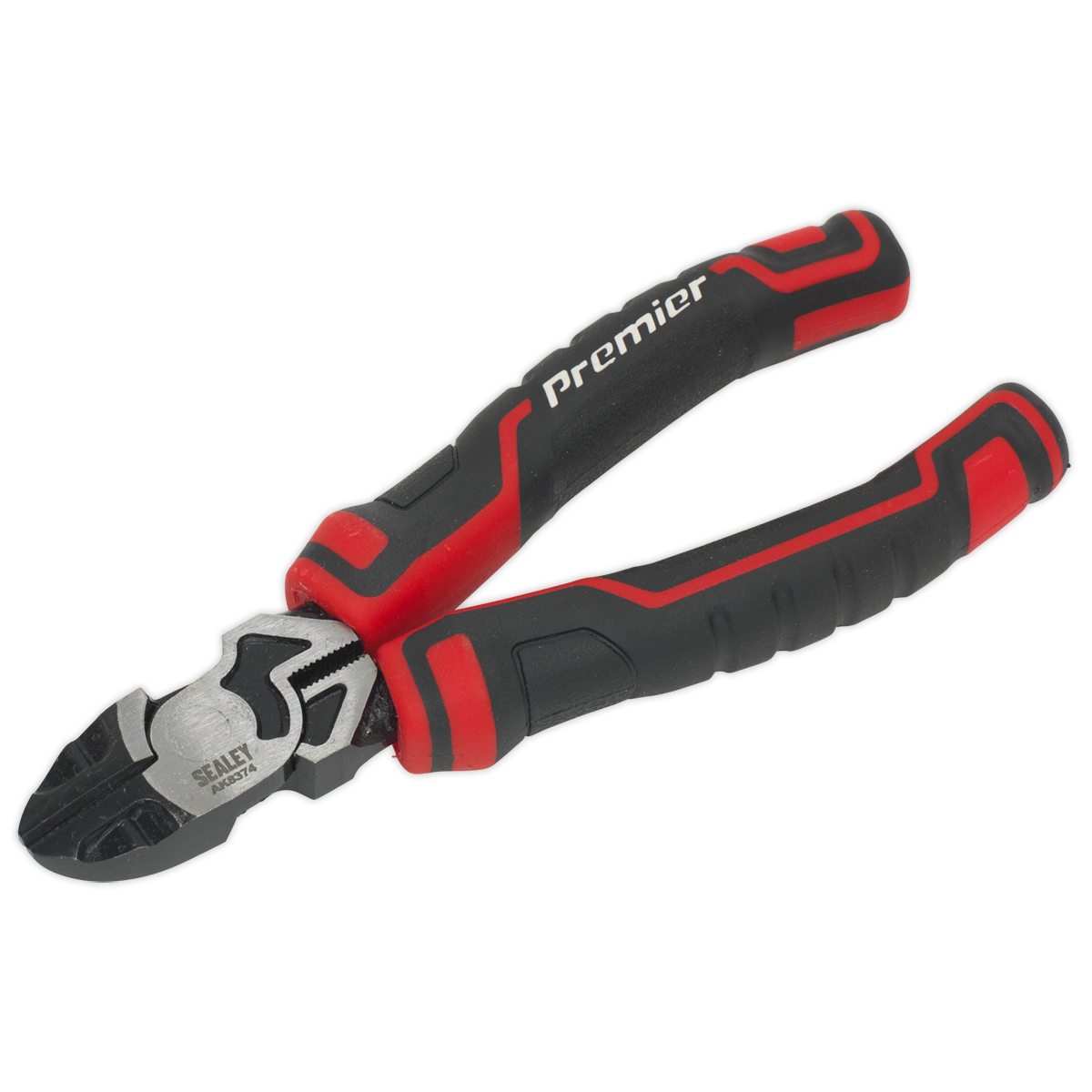 Close-up of a pair of Sealey Side Cutters High Leverage 160mm - AK8374, showcasing a sturdy design with textured handles. These side cutters feature precision ground cutting edges and are crafted from durable Chrome Vanadium steel.