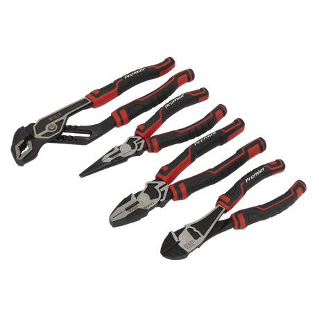 The Sealey Pliers Set High Leverage 4pc - AK8378 includes a wrench, needle-nose pliers, combination pliers, and diagonal cutting pliers. Each tool is made from Chrome Vanadium steel and features black and red comfort grip handles for enhanced usability.