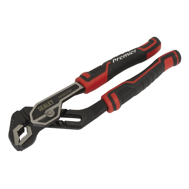 A Sealey Water Pump Pliers set (200mm - AK83791) with red and black handles, constructed from durable Chrome Vanadium steel with diamond-shaped jaws.
