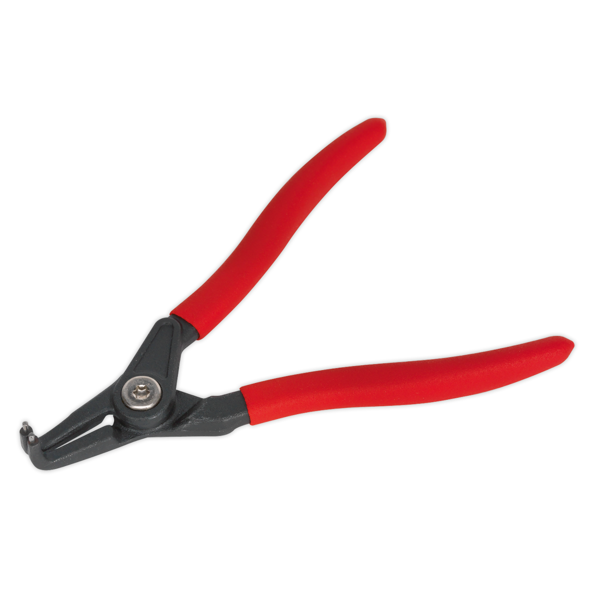 The Sealey Circlip Pliers External Bent Nose 170mm - AK84551 feature red handles with black grips and a pivoting joint in the middle. Crafted from high-grade carbon steel for durability, this premier hand tool is ideal for professional use in gripping, bending, and cutting wire.