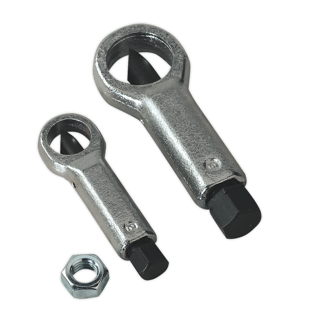 The Sealey Nut Splitter Set 2pc - AK84 comprises two high carbon steel extractors and a hex nut, featuring a hexagonal drive and spiral flutes designed for gripping bolts.