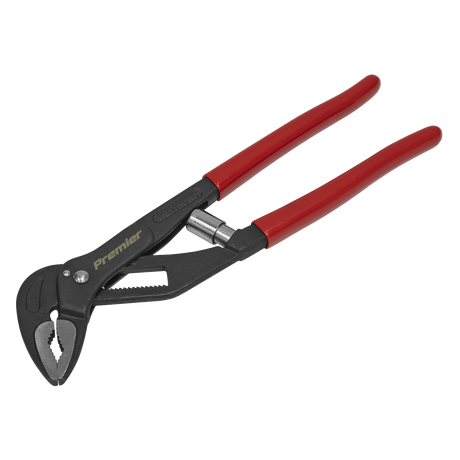A pair of Sealey Water Pump Pliers 250mm Self-Adjusting - AK8531, made from Chrome Vanadium steel and featuring adjustable red handles.