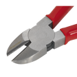 A close-up image of a pair of metal side cutters with red handles, featuring a semi-circular blade and the brand name "Sealey" engraved on one of the Chrome Vanadium steel jaws. The product is identified as Side Cutters 160mm - AK8565.