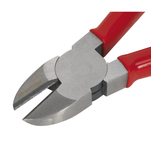 A close-up image of a pair of metal side cutters with red handles, featuring a semi-circular blade and the brand name "Sealey" engraved on one of the Chrome Vanadium steel jaws. The product is identified as Side Cutters 160mm - AK8565.