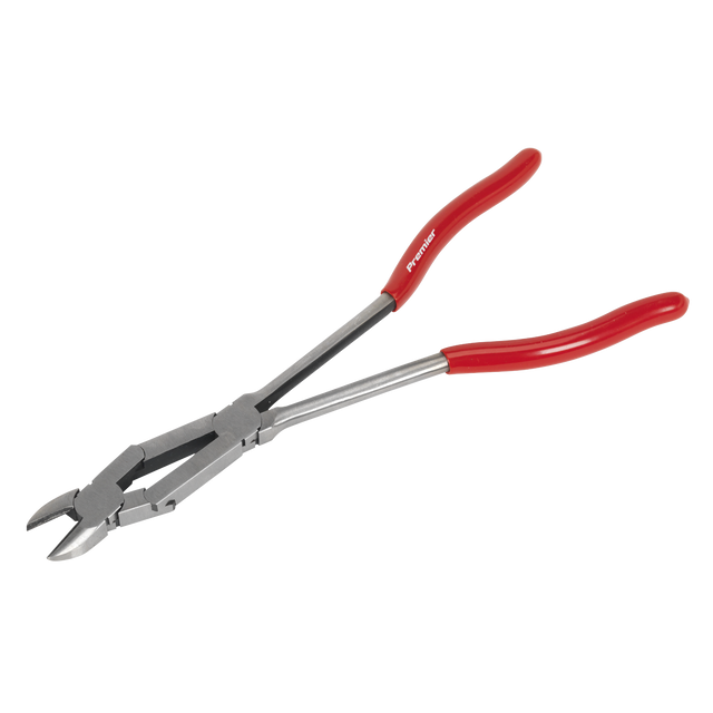 The Sealey Side Cutters Double Joint Long Reach 290mm - AK8593 feature red handles and a metallic gripping head, crafted from durable Chrome Vanadium steel. These precision tools from Premier Hand Tools are designed with precision ground cutting edges, ensuring exceptional performance for detailed tasks.