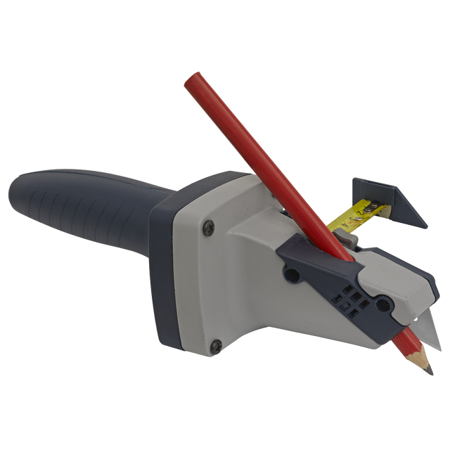The Plasterboard Cutter - AK860CT by Sealey is a manual hand tool that sharpens a red pencil and features a grey and black handle, along with a built-in measuring guide similar to a tape measure, and an angled blade.