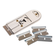The Sealey Retracting Razor Scraper with Blades - AK867 features a metal utility scraper with a retractable blade carrier, including a single installed blade and five spare blades.
