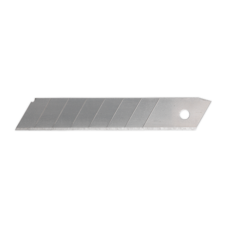 The Sealey Snap-Off Blade Pack of 10 - AK86R/B features utility knife blades with a silver finish and a hole near one end. These blades have a segmented edge for snap-off convenience, making them ideal for retractable snap-off knives.